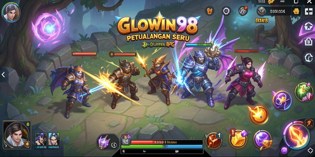 Screenshot GLOWIN88 menampilkan pertempuran seru dalam dunia RPG penuh warna.