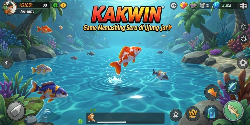 Tampilan gameplay KAKWIN dengan ikan yang beragam dan lokasi indah.